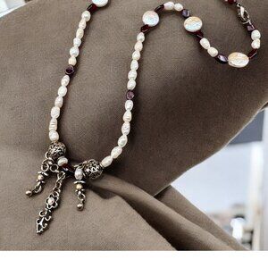 Faux Freshwater Pearl Beaded Necklace Ornate Silver Tone Charms Beach Boho Surf